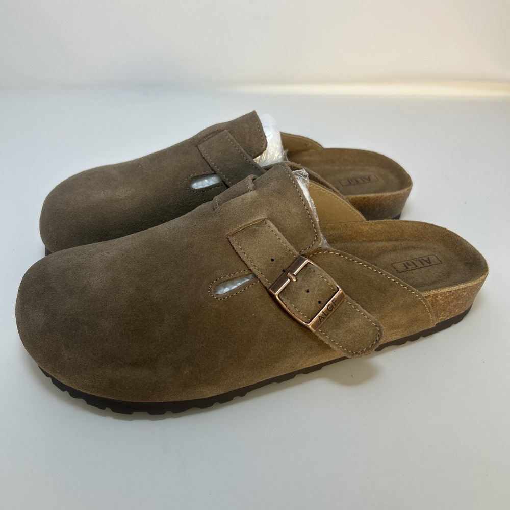 ALGF Genuine Suede Clogs Mules Size 7 7.5 Taupe Tan Cork Footbed‎ New In Box NIB